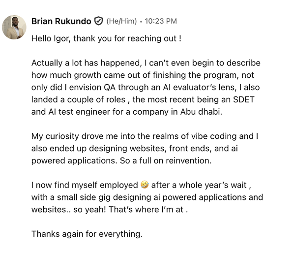 Student testimonial from Brian Rukundo